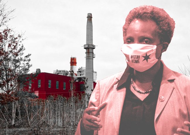 Mayor Lori Lightfoot and the former Crawford Coal Plant (Credit: Lightfoot by Tyler LaRiviere - Pool/Getty Images; background by Edna Winti via Flickr)
