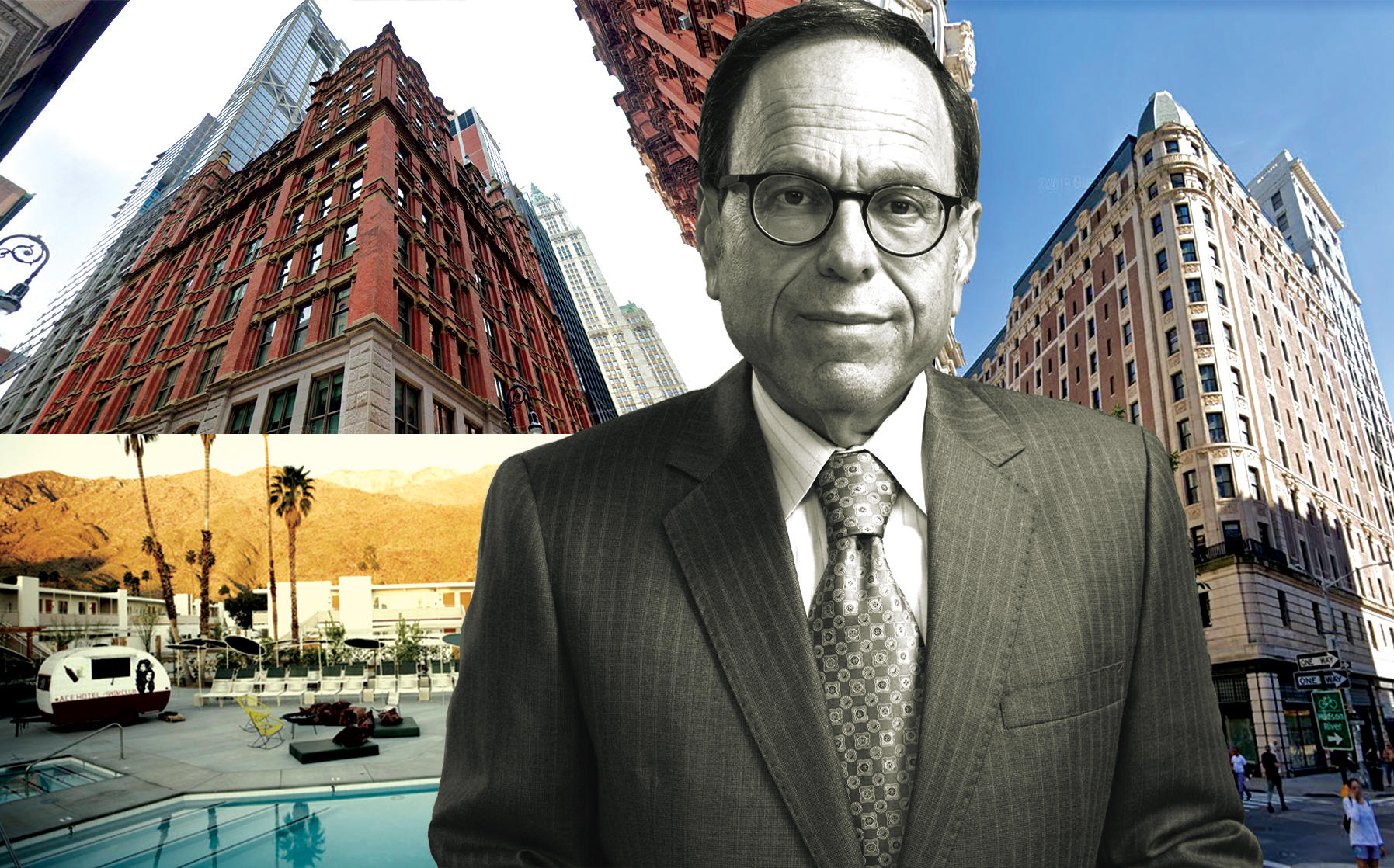 GFI Capital CEO Allen Gross with the Beekman Hotel at 123 Nassau Street (top left), Ace Hotel at 20 West 29th Street in NYC (right) and Ace Hotel & Swim Club Palm Springs in California (bottom left) (Credit: Ace Hotels; GFI; Google Maps)