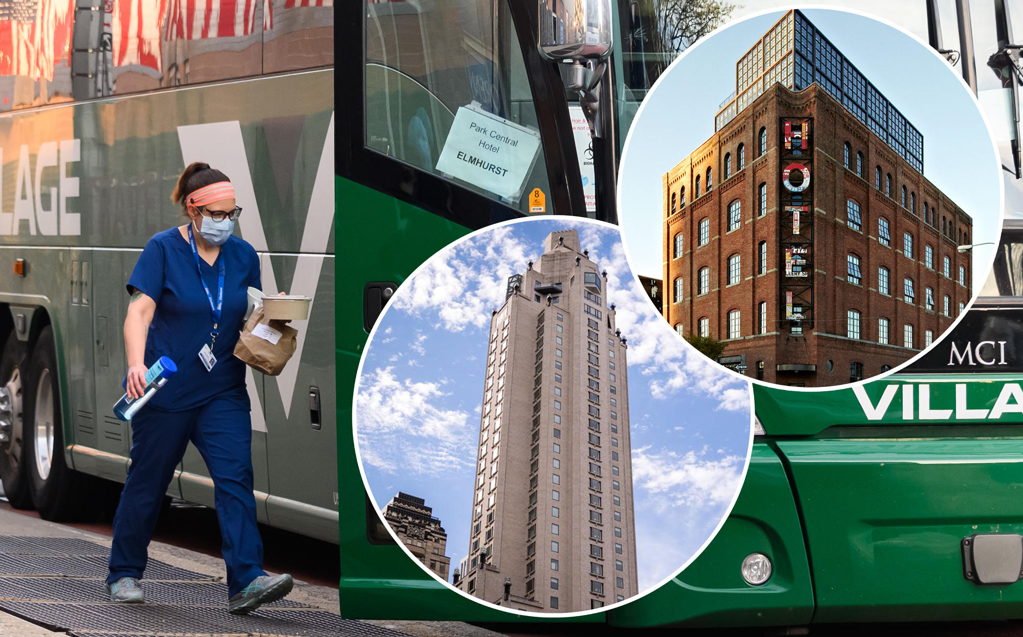 A medical worker boards a bus that transports staff to local hotels with Four Seasons on East 57th Street and the Wythe hotel in New York (background by Noam Galai/Getty Images)