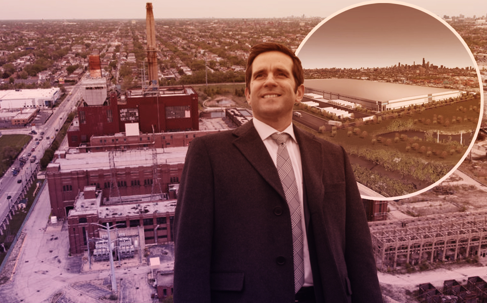 Hilco Redevelopment Partners’ Roberto Perez and a rendering of the “Exchange 55” project on the Near Southwest Side with the former Crawford Power Generating Station (Credit: Hilco)