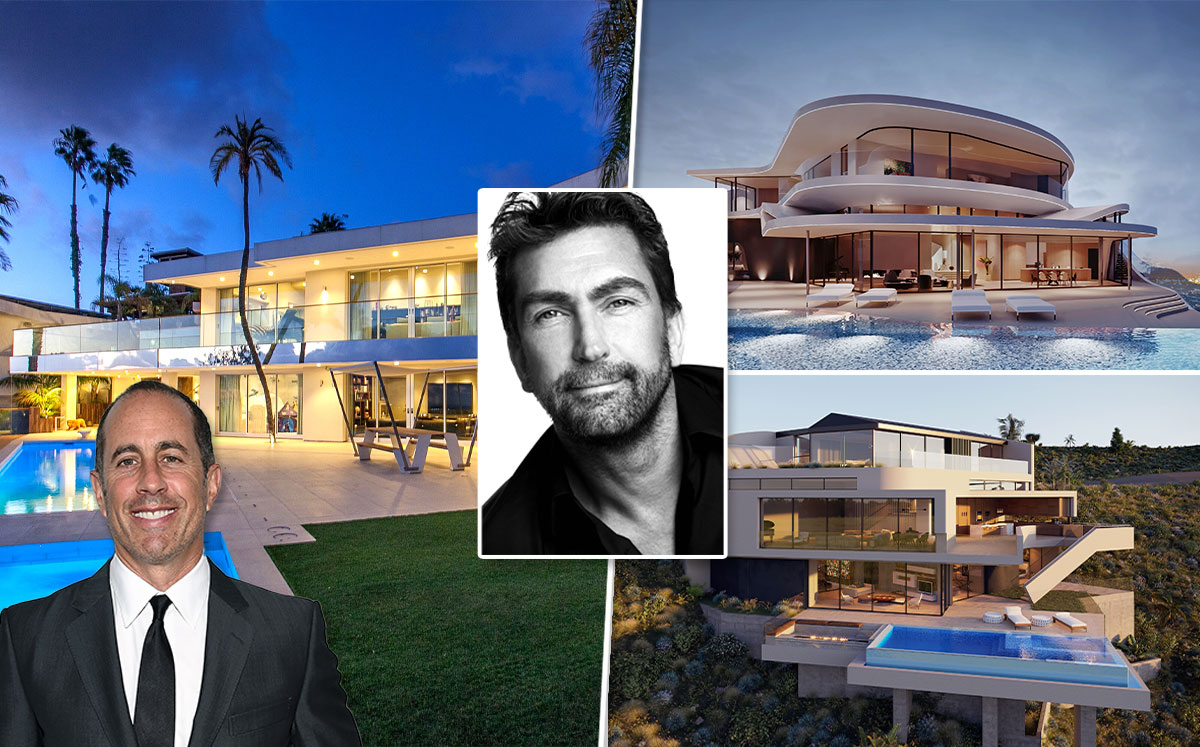Leslie Benzies, his existing mid-century home with Jerry Seinfeld (left) and renderings of two possible new homes on the properties (right) (Credit: Austin Hargrave/Wikipedia and Larry Busacca/Getty Images)