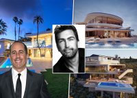 Leslie Benzies, his existing mid-century home with Jerry Seinfeld (left) and renderings of two possible new homes on the properties (right) (Credit: Austin Hargrave/Wikipedia and Larry Busacca/Getty Images)