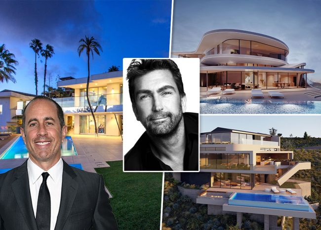 Leslie Benzies, his existing mid-century home with Jerry Seinfeld (left) and renderings of two possible new homes on the properties (right) (Credit: Austin Hargrave/Wikipedia and Larry Busacca/Getty Images)