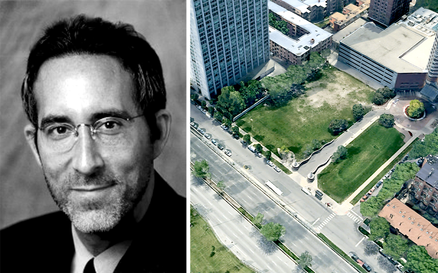 Developer Jonathan Holtzman and the site at the corner of Lake Shore Drive and Waveland Avenue (Credit: Google Maps)