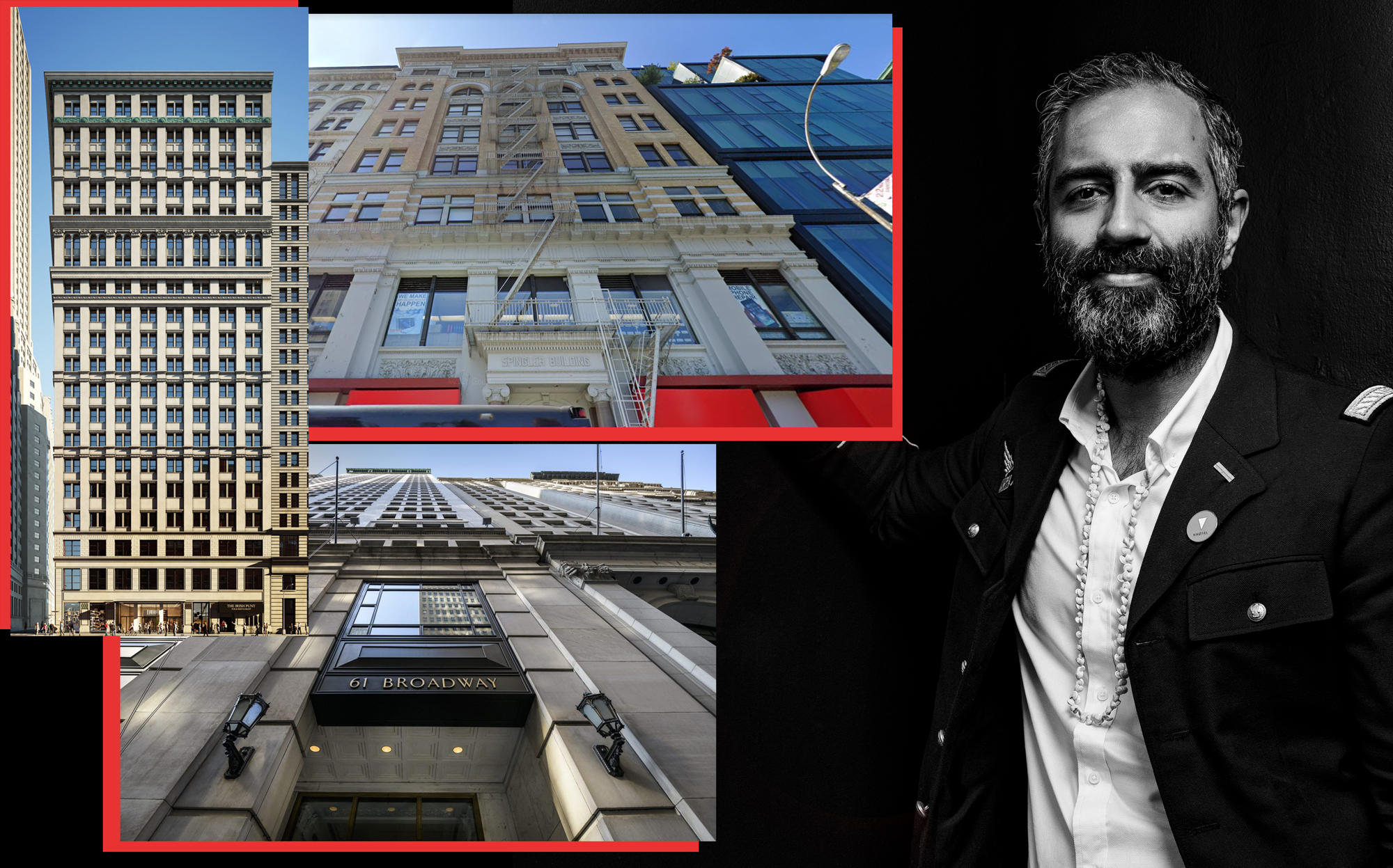 Knotel CEO Amol Sarva with 40 Exchange Place, 61 Broadway and 5-9 Union Square West (Credit: Sarva by Sasha Maslov)