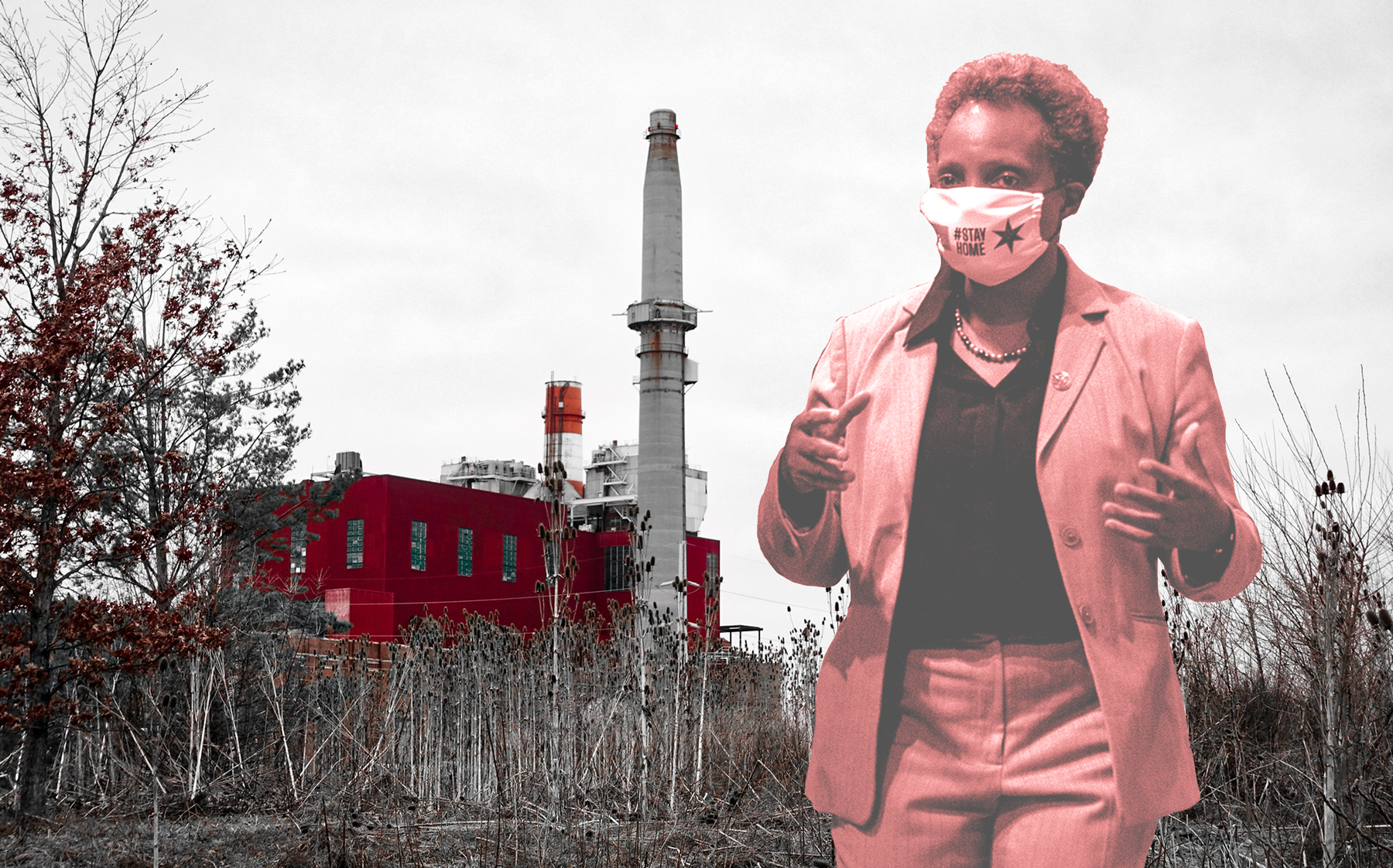 Mayor Lori Lightfoot and the former Crawford Coal Plant in Little Village (Credit: Lightfoot by Tyler LaRiviere - Pool/Getty Images; background by Edna Winti via Flickr)