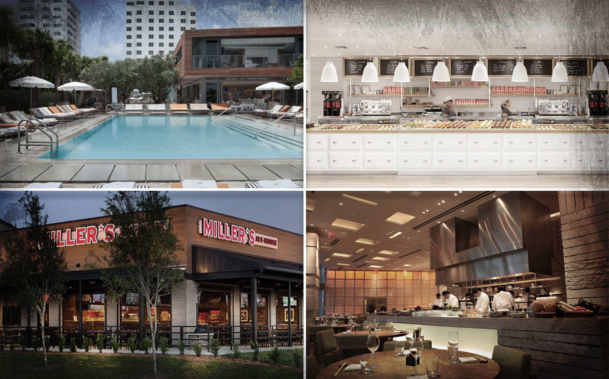 From top left, clockwise: SLS South Beach Hotel, Rosetta Bakery, Zuma Japanese Restaurant, Miller’s Ale House