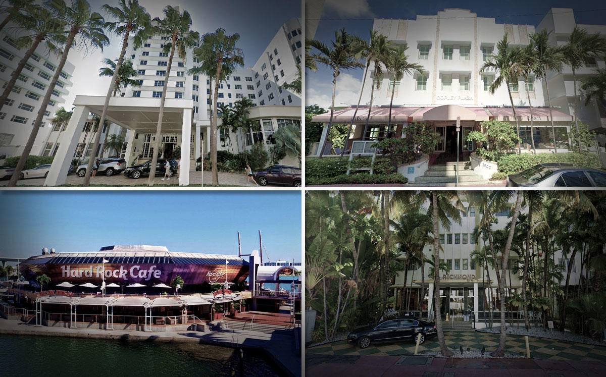From top left, clockwise: Palms Hotel and Spa, Circa 39 Hotel, the Richmond hotel and Hard Rock Cafe Miami