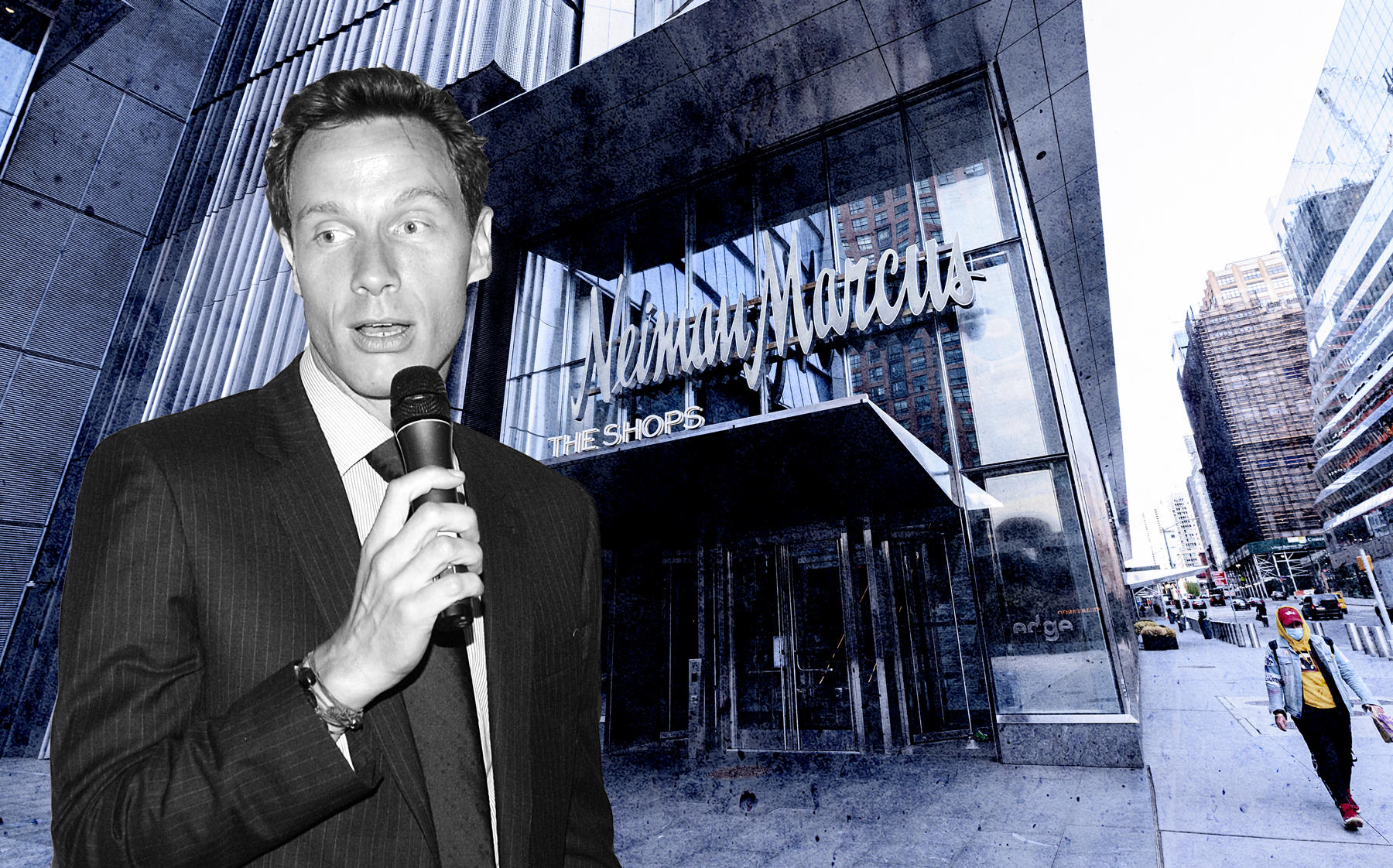 Neiman Marcus Group CEO Geoffroy van Raemdonck and Neiman Marcus at Hudson Yards (Credit: Raemdonck by NEIL RASMUS/Patrick McMullan via Getty Images; background by Noam Galai/Getty Images)