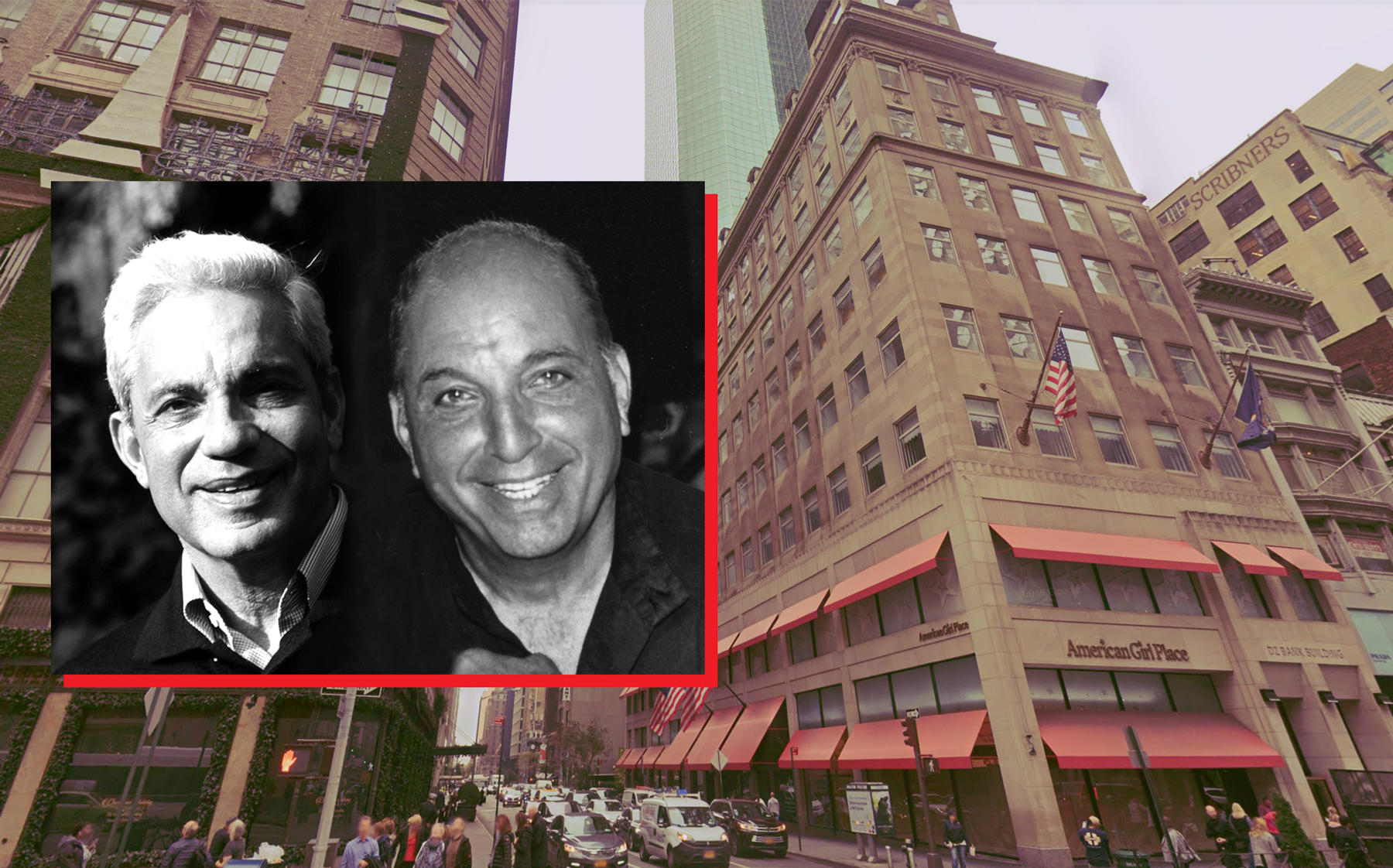 Simon and David Reuben with 609 Fifth Avenue (Credit: Google Maps; Wikipedia)