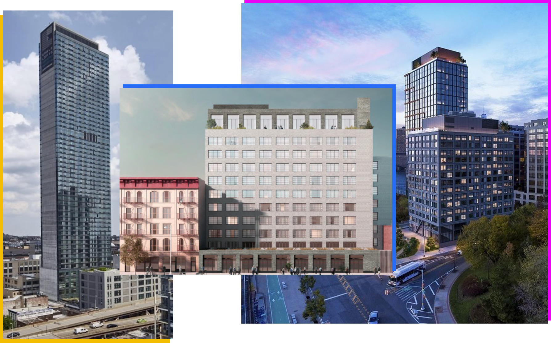 From left: Eagle Lofts at 43-22 Queens Street in Long Island City, 292 North 8th Street in Williamsburg and The Landing at 15 Bridge Park Drive in Brooklyn Heights (Credit: Rockrose Development, Stonehill & Taylor Architects and StreetEasy)
