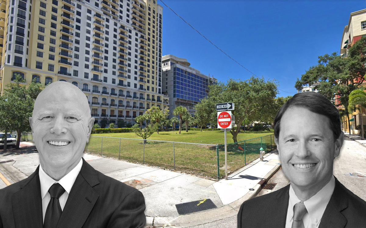 From left: George Gleason the CEO of Bank OZK and Transwestern CEO Larry P. Heard, with 625 South Olive Avenue (Credit: Google Maps)