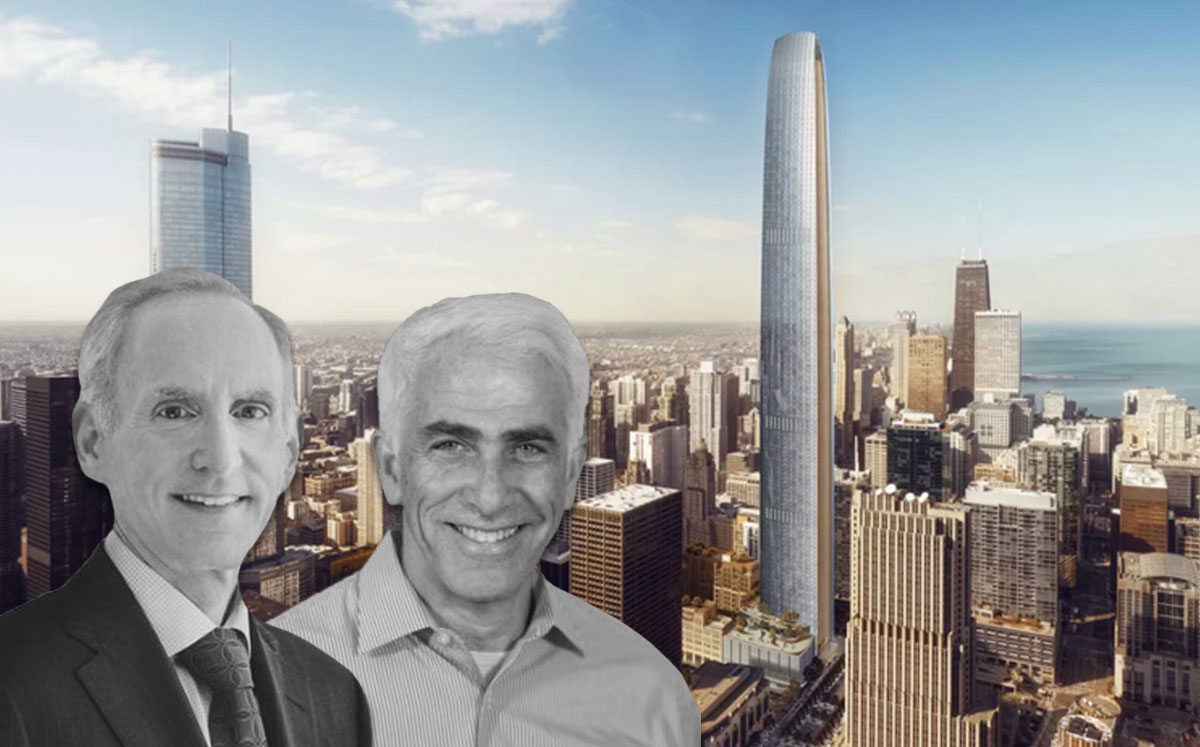 Golub CEO Michael Newman and CIM Group co-founder Shaul Kuba with Tribune Tower East rendering. (Credit: Golub/CIM Group via Crains)