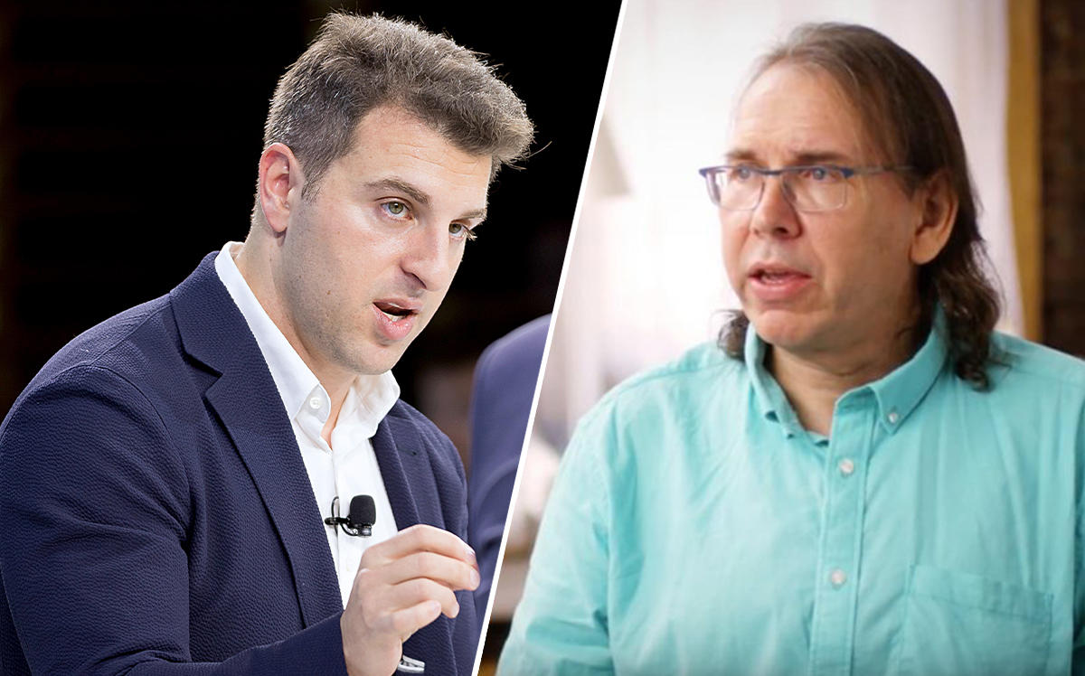 Brian Chesky and Stanley “Skip” Karol, an Airbnb host (Credit: Mike Cohen/Getty Images, Youtube)