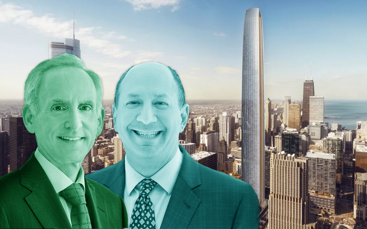 Golub & Company CEO & President Michael Newman, Managing Principal Lee Golub and a rendering of Tribune Tower East