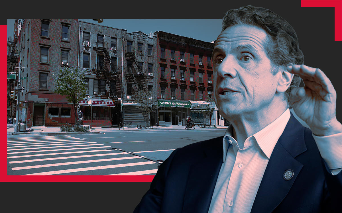 Gov. Andrew Cuomo and block of closed businesses in the East Village neighborhood of Manhattan (Credit: Cuomo by John Lamparski/NurPhoto via Getty Images, Rob Kim/Getty Images)