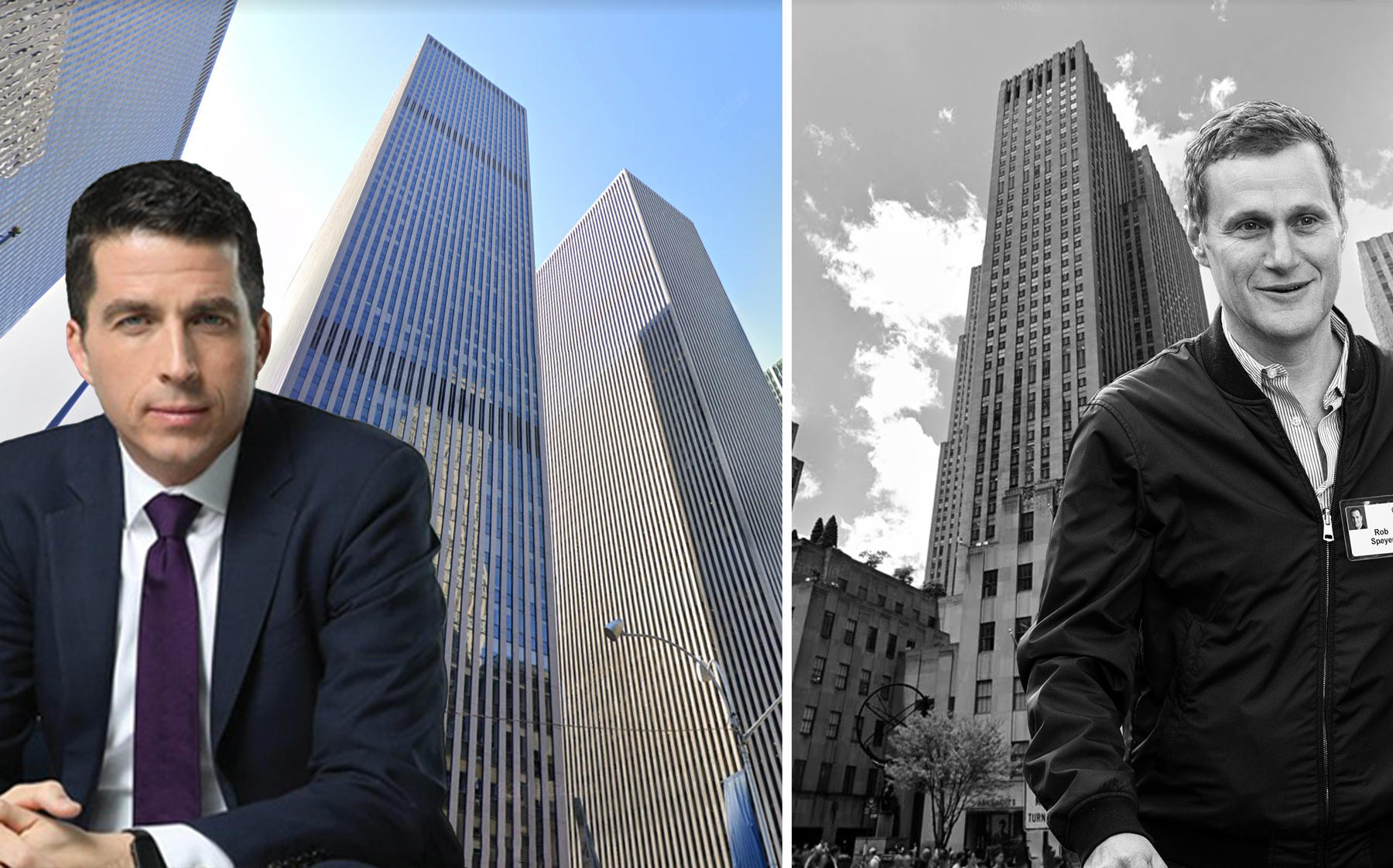 From left: Rockefeller Group CEO with 1221 6th Avenue and Tishman Speyer CEO Rob Speyer with 630 Fifth Avenue (Credit: Google Maps; Rockefeller; Drew Angerer/Getty Images)