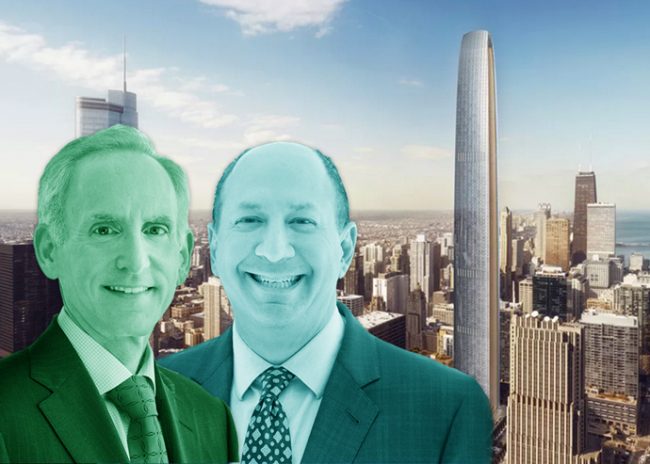 Golub & Company CEO & President Michael Newman, Managing Principal Lee Golub and a rendering of Tribune Tower East