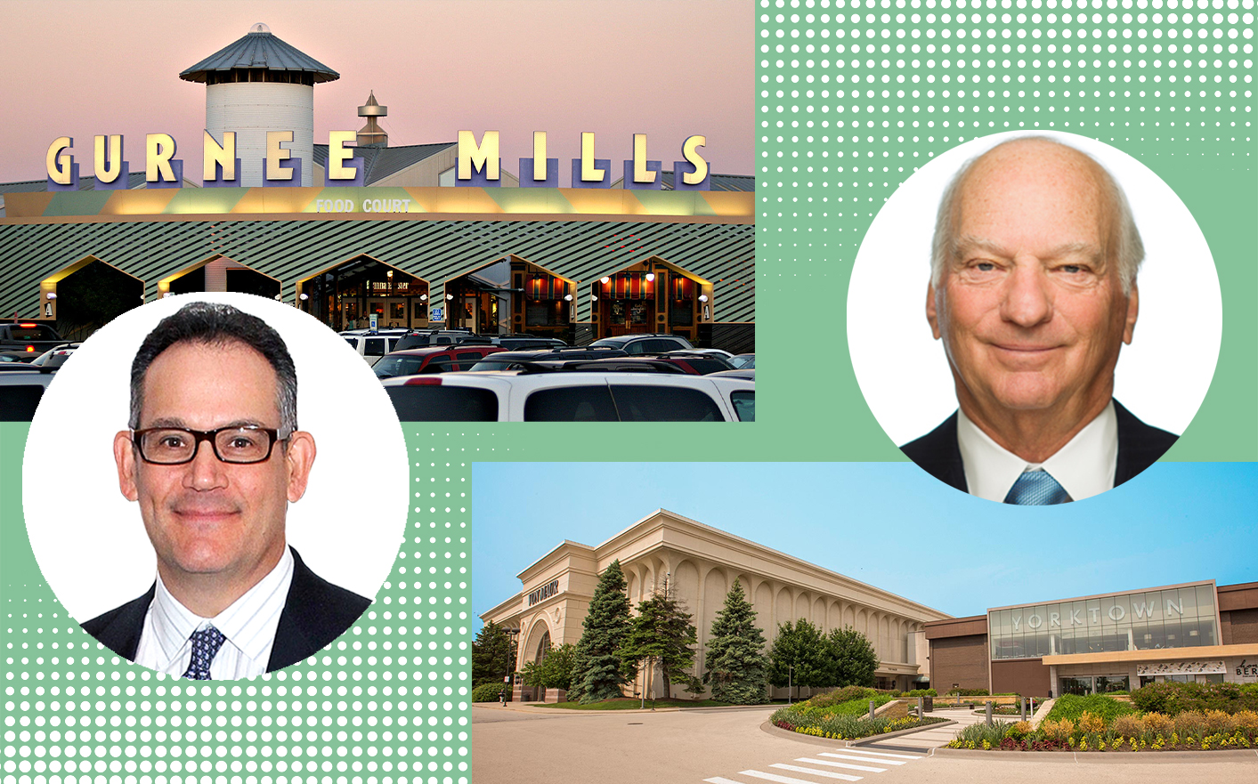 Simon Property CEO David Simon and Gurnee Mills, and KKR co-CEO George Roberts and Yorktown Center (Getty, Wikipedia, KKR, Yorktown Center)