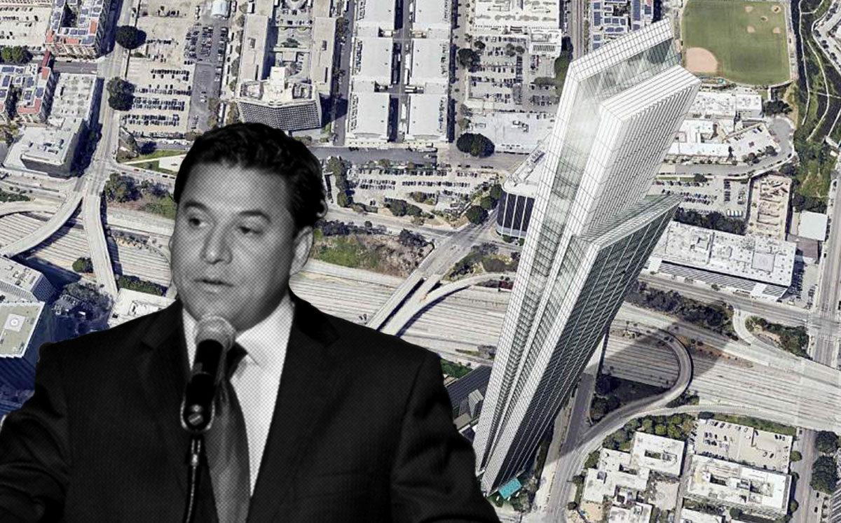 Jose Huizar and the proposed tower (Credit: Rebecca Sapp/WireImage via Getty Images. and Los Angeles Department of City Planning via The Architect's Newspaper)
