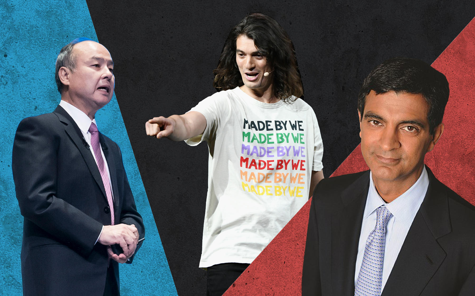 From left: Softbank CEO Masayoshi Son, WeWork co-founder Adam Neumann and  WeWork CEO Sandeep Mathrani (Credit: Getty Images)