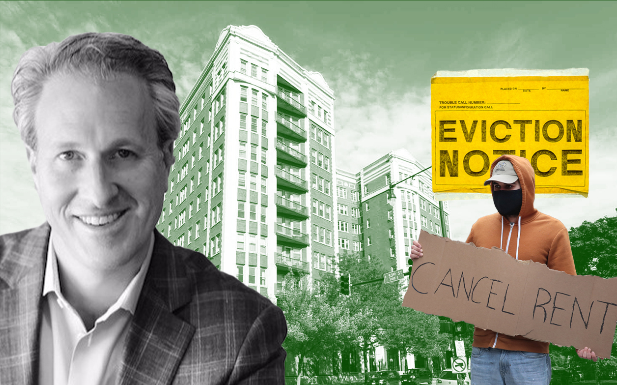 Antheus Capital principal David Gefsky and East Park Tower. Mac Properties, which is Antheus’ property management arm, has moved ahead with eviction proceedings, including at East Park Tower. (Credit: LinkedIn; Mac Properties; Scott Olson/Getty Images)