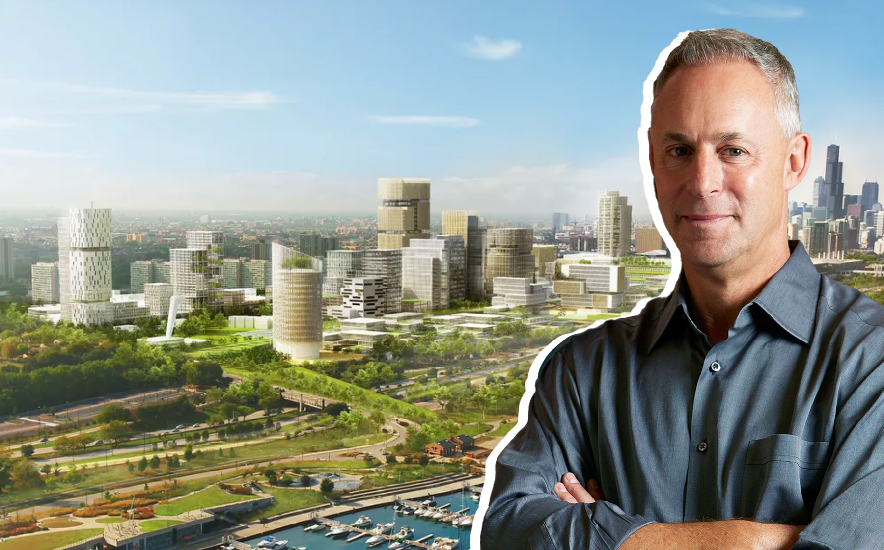 Farpoint’s Scott Goodman and a rendering of the former Michael Reese hospital site (Credit: Farpoint; SOM)