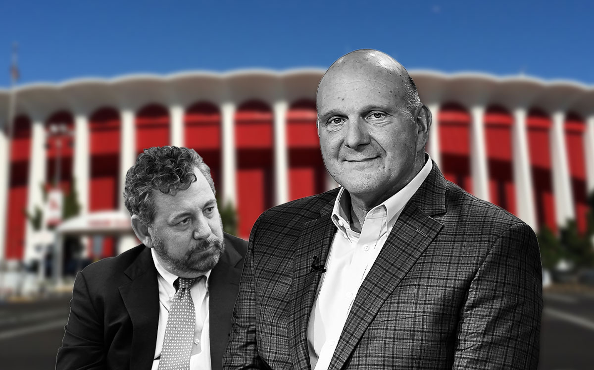 James Dolan and Steve Ballmer, with The Forum (Credit: John Lamparski/WireImage via Getty Images, Steven Ferdman/Getty Images, and Ritapepaj/Wikipedia)