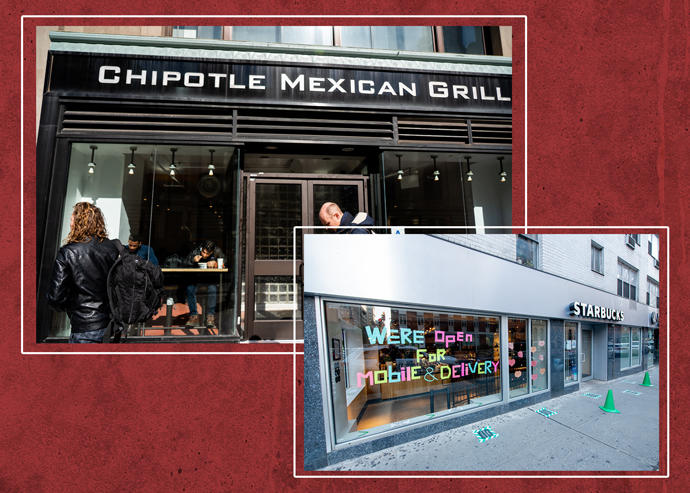 Even as the economy begins to reopen, many restaurant and cafe tenants like Chipotle and Starbucks are requesting rent reductions amid projected declines in revenue. (Photos by Roy Rochlin/Getty Images and Alex Tai/SOPA Images/LightRocket via Getty Images)