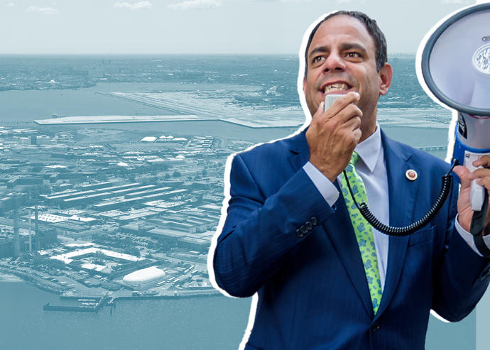 City Council member Costa Constantinides and Rikers Island (Constantinides by Erik McGregor/LightRocket via Getty Images)