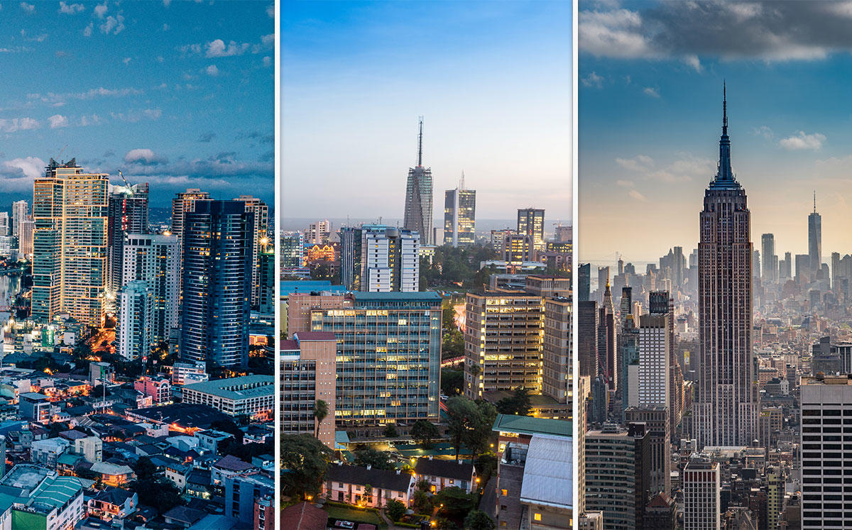 Manila skyline, Nairobi skyline, New York skyline