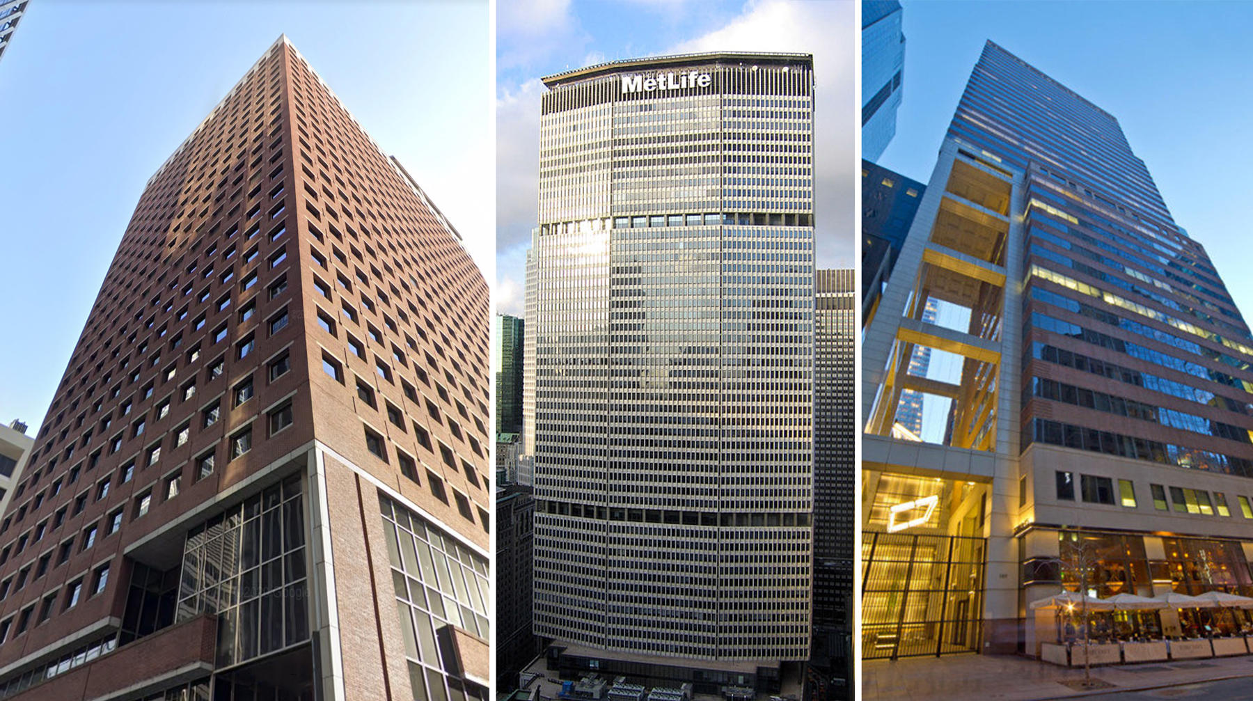 April’s top leases included a new 242,000-square-foot lease for the SEC at 100 Pearl Street, a 130,000-square-foot renewal for BNY Mellon at 200 Park Avenue, and a 78,000-square-foot renewal for D.E. Shaw & Co. L.P. at 120 West 45th Street (Credit: Google Maps; Postdlf via Wikipedia; Tower 45)