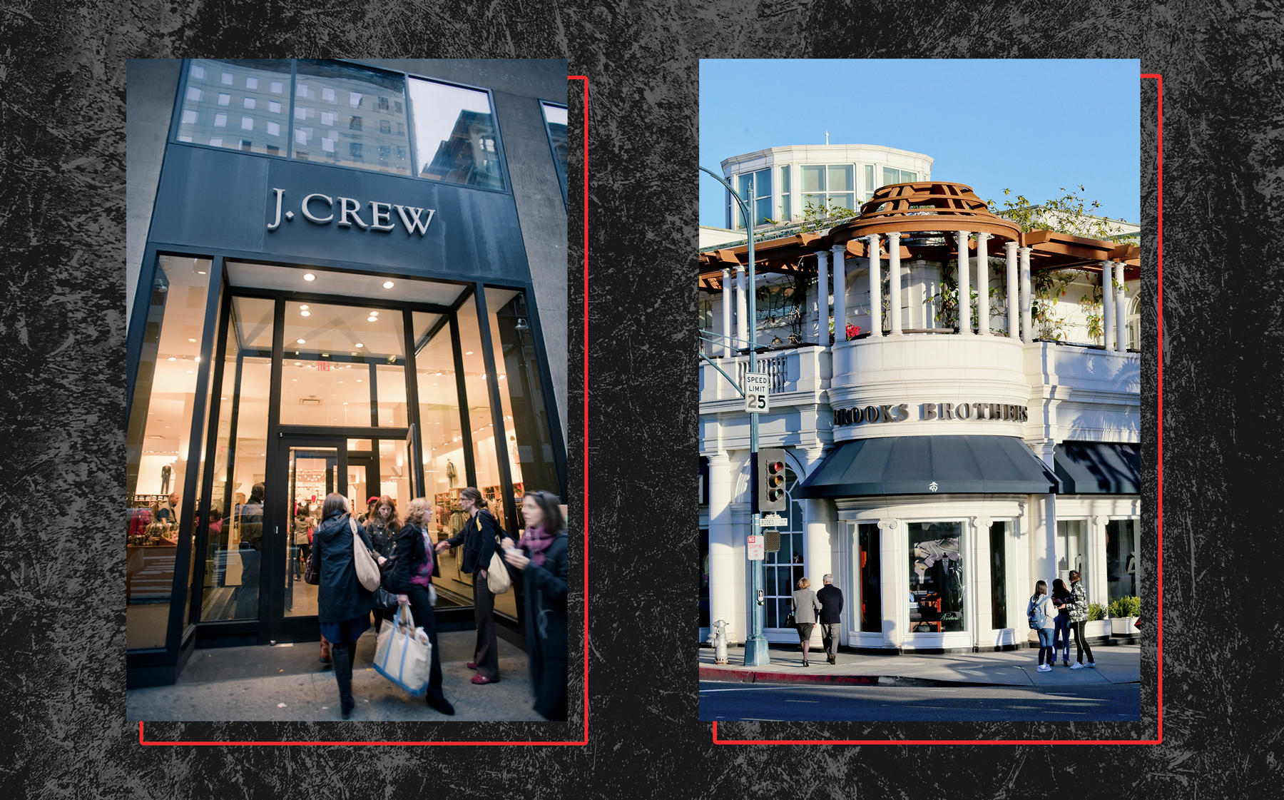 A J. Crew storefront on Madison Avenue in New York and a Brooks Brothers store in Beverly Hills, California (Credit: Richard Levine/Corbis and FG/Bauer-Griffin/GC Images)