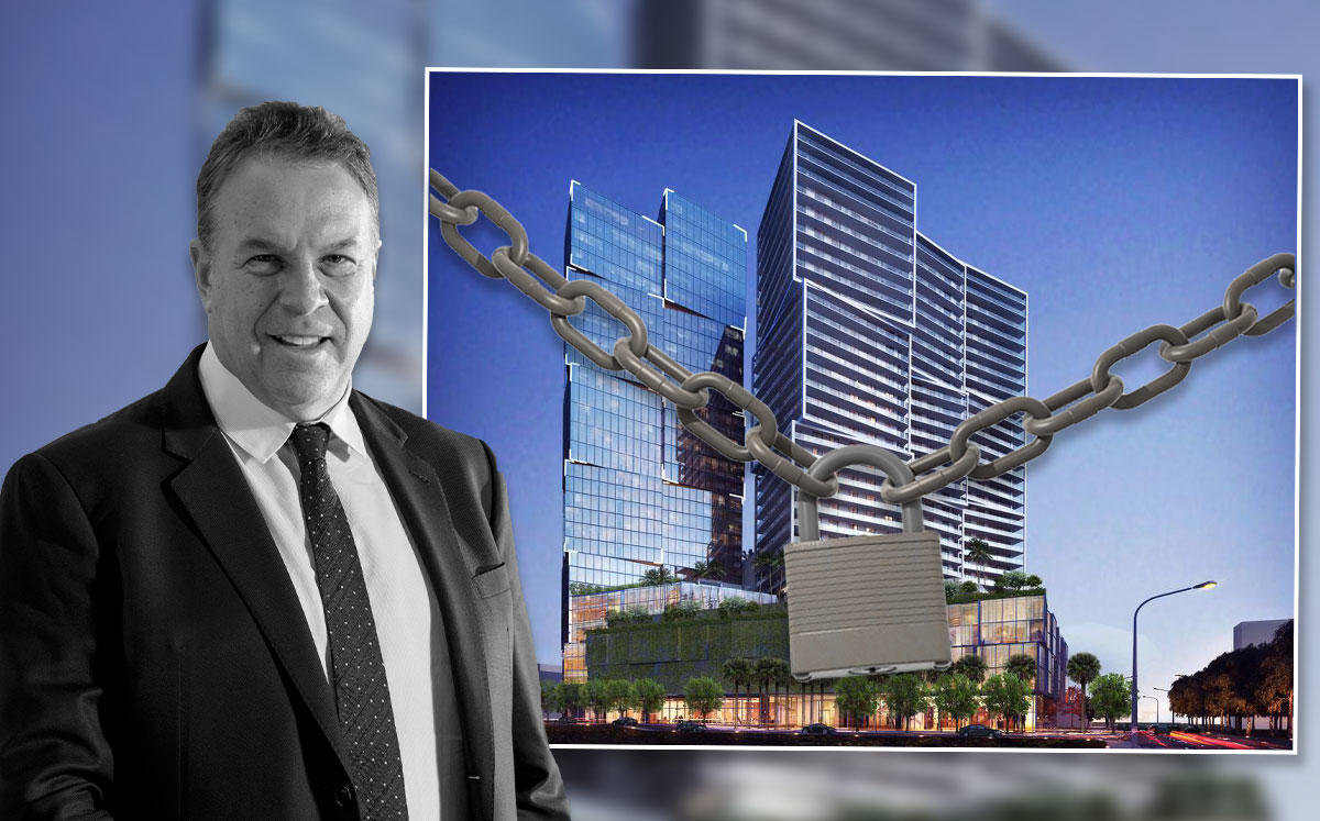Jeff Greene and a rendering of 550 North Quadrille Boulevard (Credit: Arquitectonica International via Facebook)