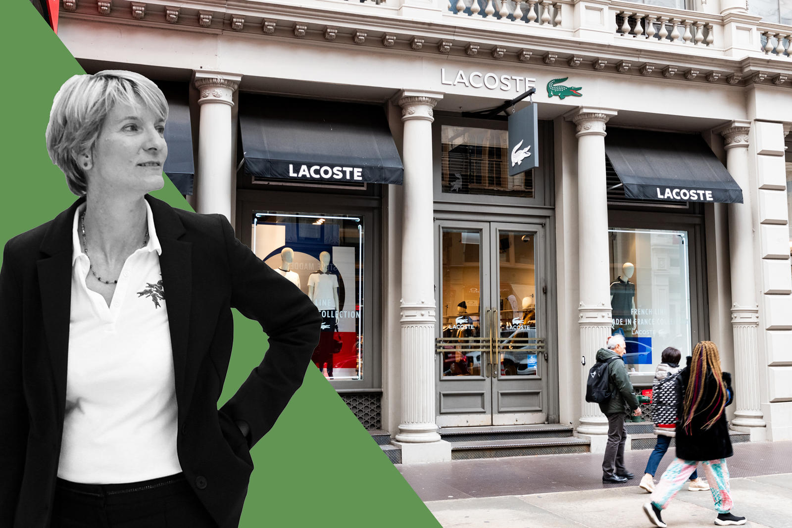 Lacoste USA’s chief financial officer Karine Sansot-Vincent and a Lacoste store in Soho, New York (Jimi Celeste/Patrick McMullan via Getty Images and Michael Brochstein/SOPA Images/LightRocket via Getty Images)