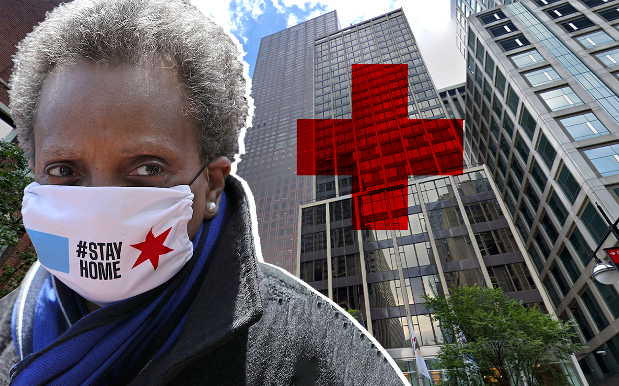 Mayor Lori Lightfoot and Hotel 166, which is among the five hotels housing frontline workers and coronavirus patients through a program the city is funding. (Credit: Getty Images; Google Maps)