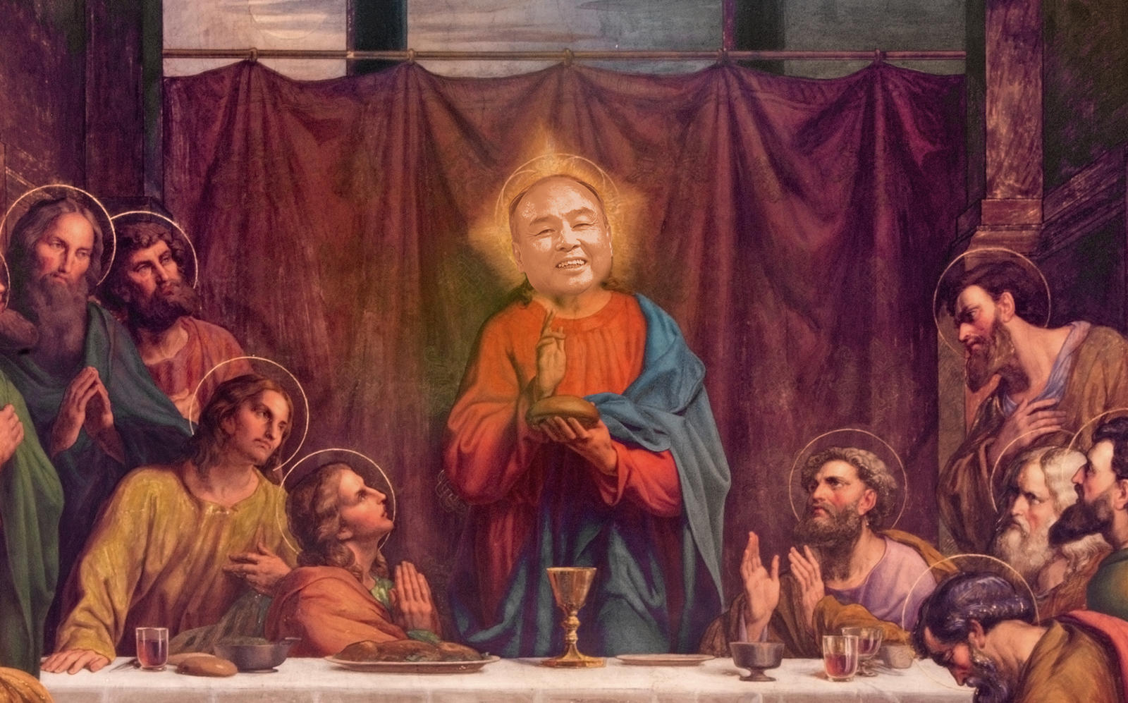 Photo illustration of Softbank CEO Masayoshi Son in The Last Supper (Illustration by The Real Deal)