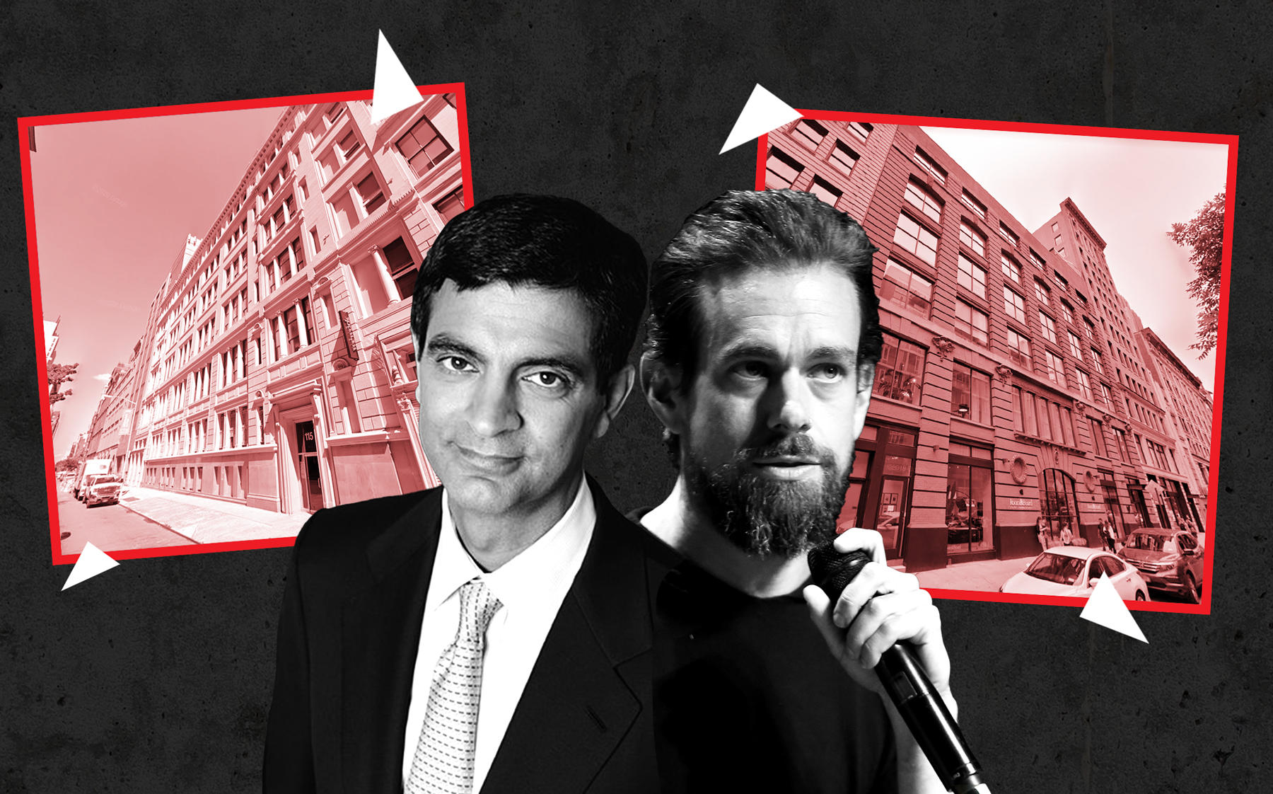 WeWork CEO Sandeep Mathrani with WeWork's headquarters at 115 West 18th Street and Twitter CEO Jack Dorsey with Twitter headquarters at 247 West 18th Street (Credit: Google Maps; Getty Images)
