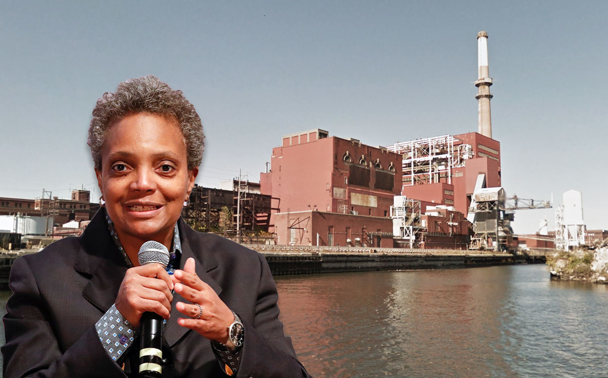 Chicago Mayor Lori Lightfoot and the power plant (Credit: KAMIL KRZACZYNSKI/AFP via Getty Images, and Google Maps)