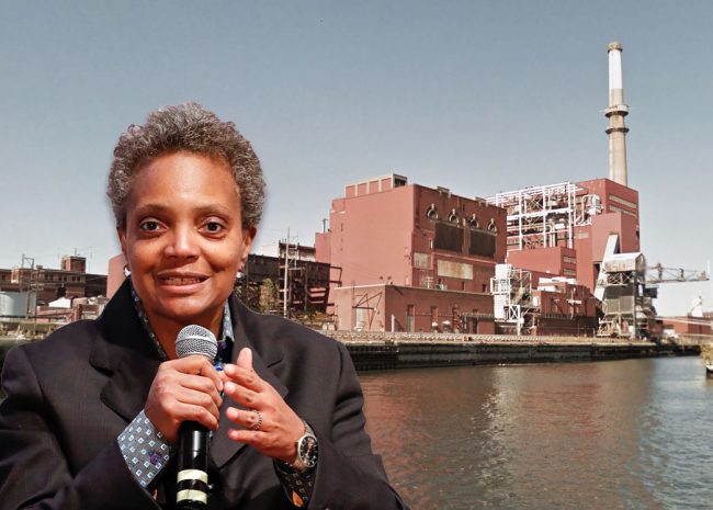 Chicago Mayor Lori Lightfoot and the power plant (Credit: KAMIL KRZACZYNSKI/AFP via Getty Images, and Google Maps)