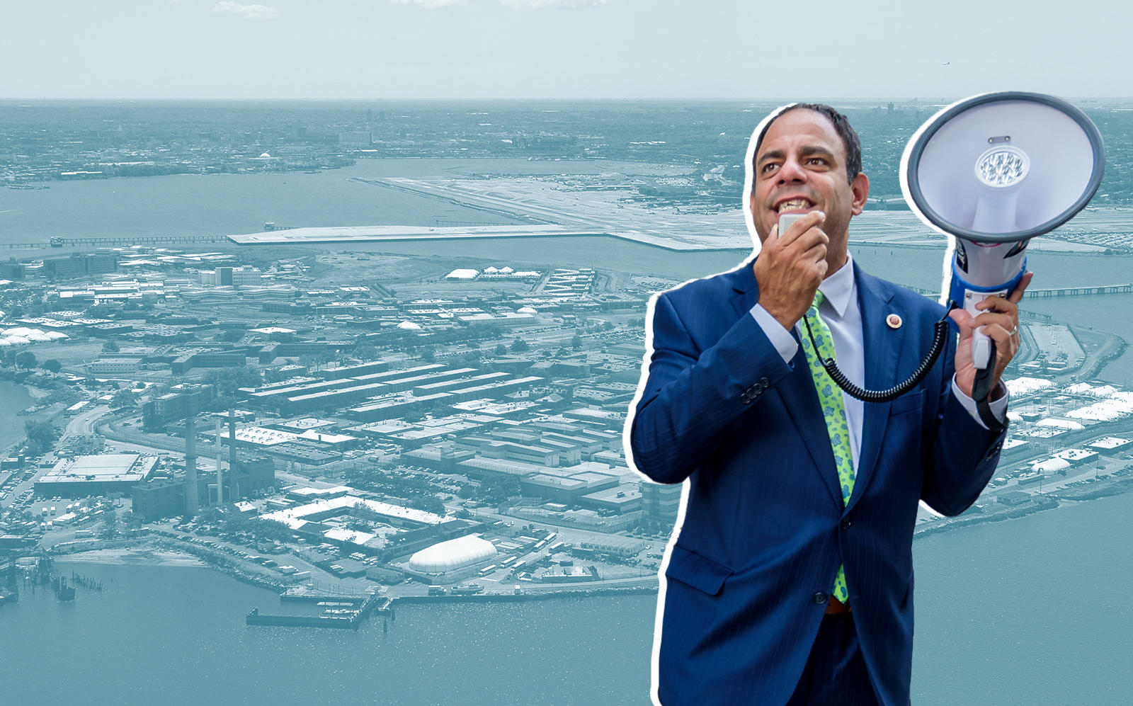 City Council member Costa Constantinides and Rikers Island (Constantinides by Erik McGregor/LightRocket via Getty Images)