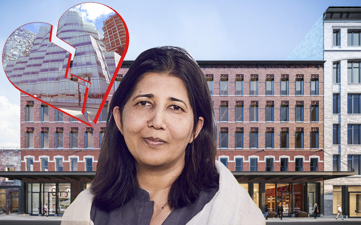 Match Group CEO Shar Dubey with a rendering of 60-74 Gansevoort and (inset) 555 West 18th Street (BKSK Architects, Google Maps)