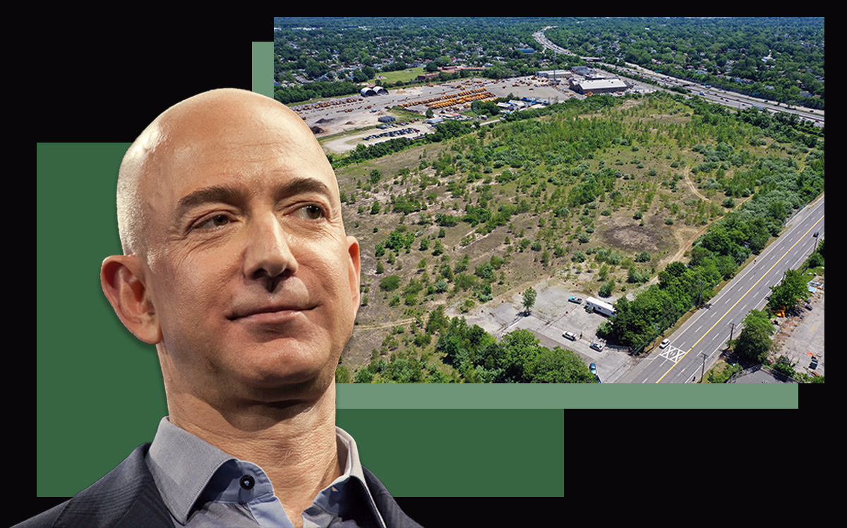 Jeff Bezos and an aerial view of the former Cerro Wire property (David Ryder/Getty Images; Bruce Bennett/Getty Images)