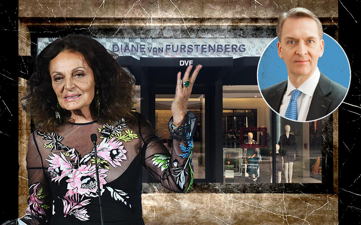 Diane Von Furstenberg, Brookfield Properties Bruce Flatt, and the DVF store in the Shops at Merrick Park (Getty, Google Maps)