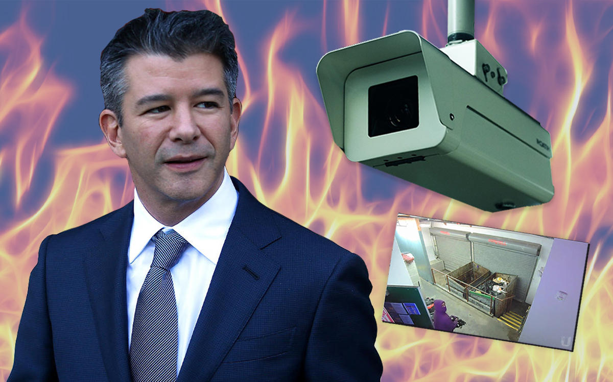 Travis Kalanick and surveillance footage from one of the suspected arson attacks (Getty, Twitter/CloudKitchens)