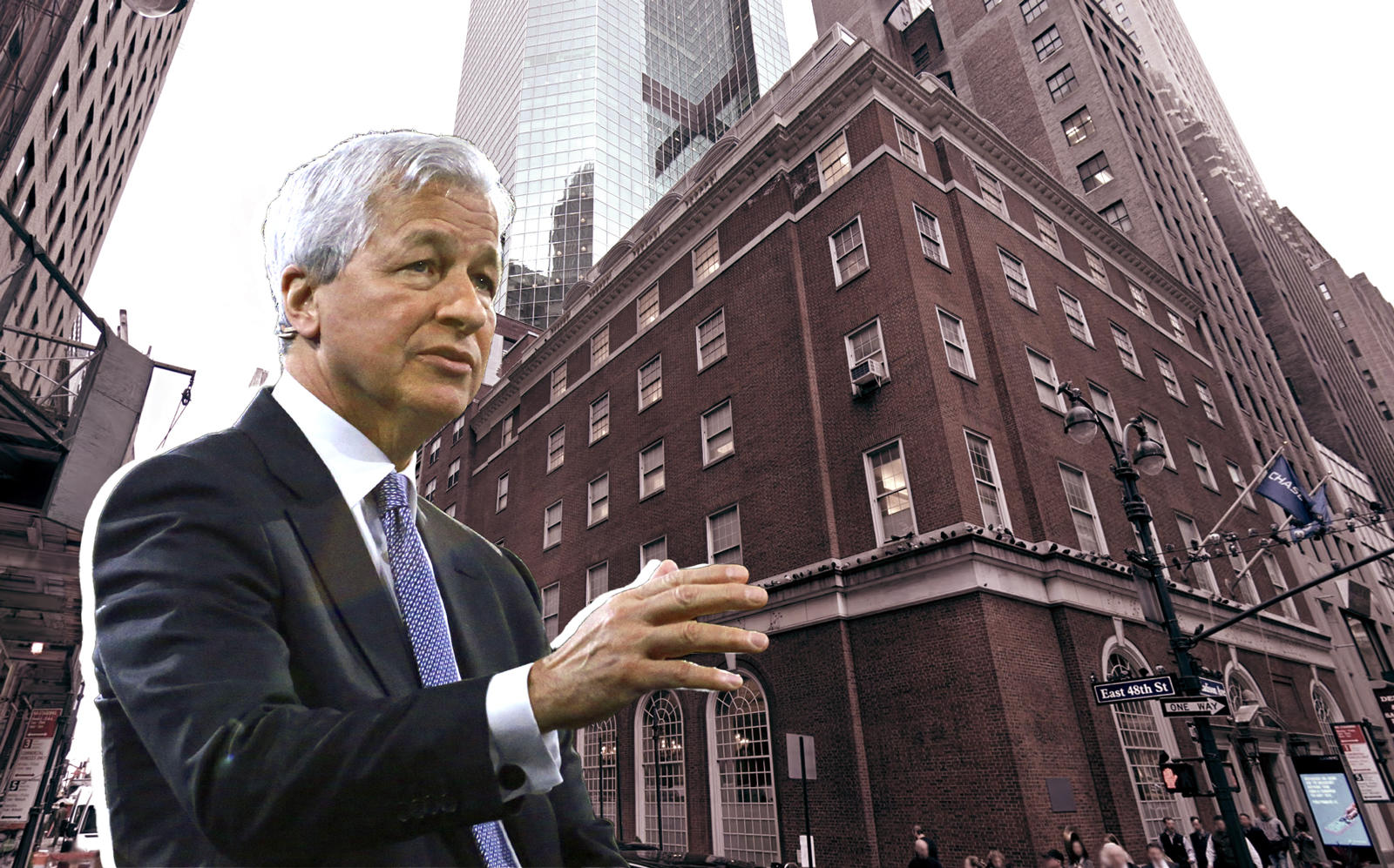 JPMorgan Chase CEO Jamie DImon and 410 Madison Avenue (Getty Images, Google Maps)