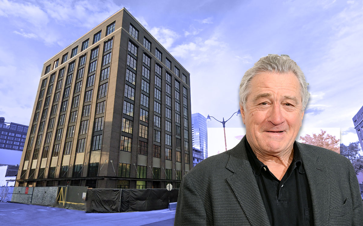 The Robert De Niro and the Nobu Hotel in Fulton Market, which will open July 1. (Credit: Andrew Toth/Getty Images, and Google Maps)