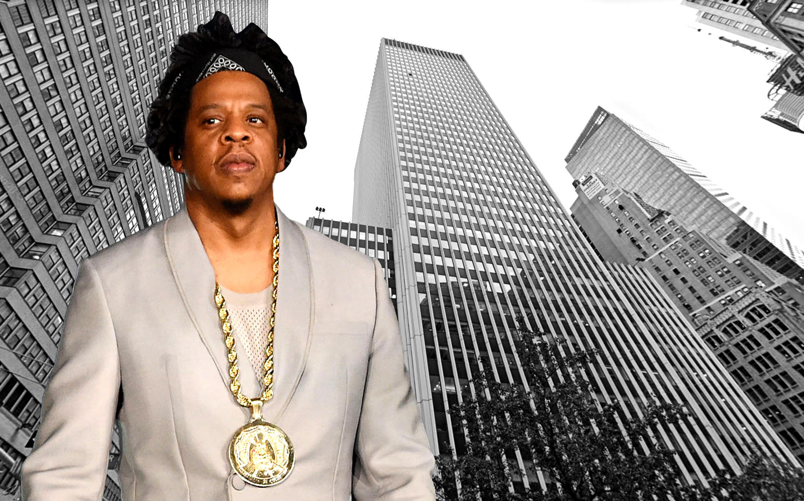 Roc Nation founder Jay Z and 1411 Broadway (Getty, Google Maps) 