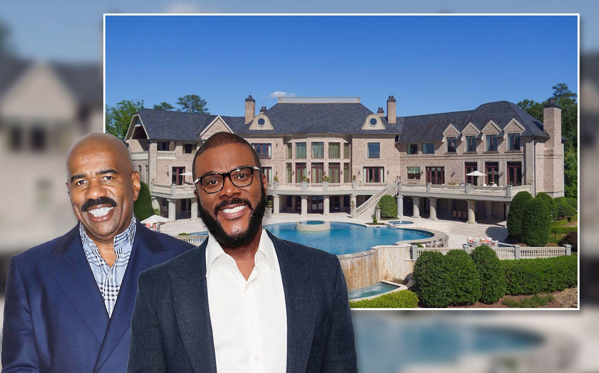 Steve Harvey and Tyler Perry with the house (Credit: Jim Spellman/WireImage and Cindy Ord, via Getty Images