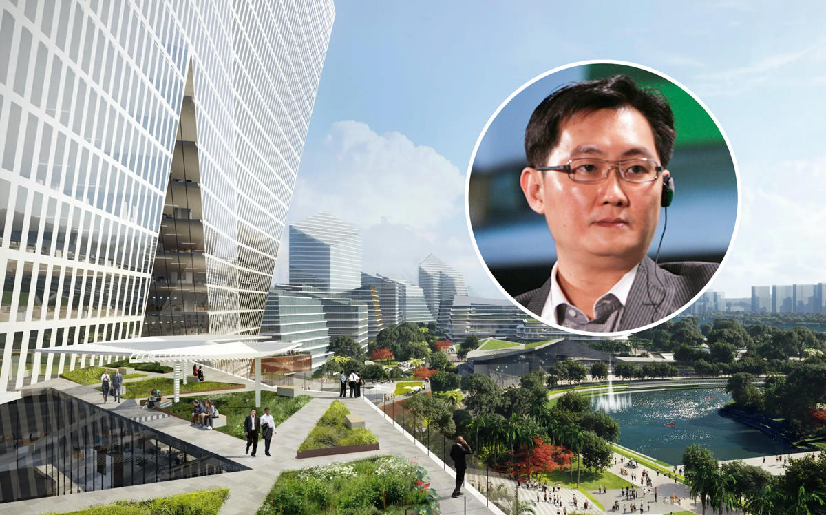 Tencent CEO Ma Huateng and a rendering of Net City (Wikipedia Commons)